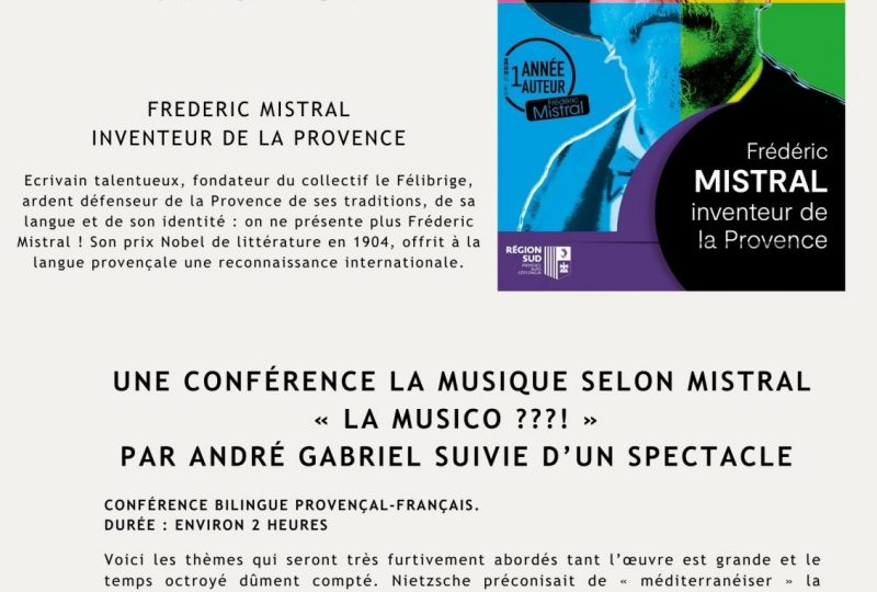 Conférence la Musique selon Mistral « La Musico ?! » par André Gabriel suivie d’un spectacle. à Valréas - 0